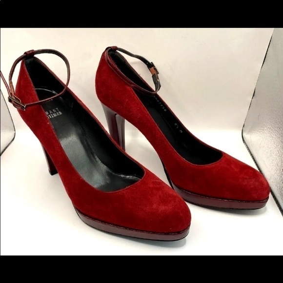 Womens Stuart Weitzman Sz 8.5 Pumps Ankle Strap Mary Janes Dark Red Suede Italy - Picture 3 of 8